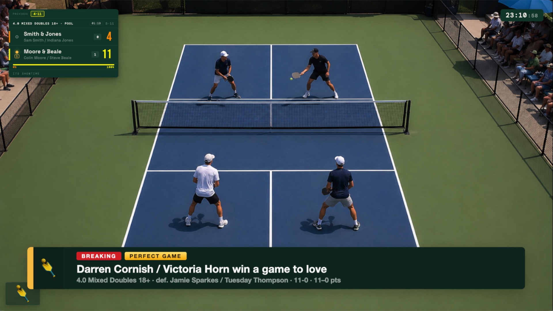 A match still with the PickleBoard scorebug and lower-third overlaid — on-air broadcast look
