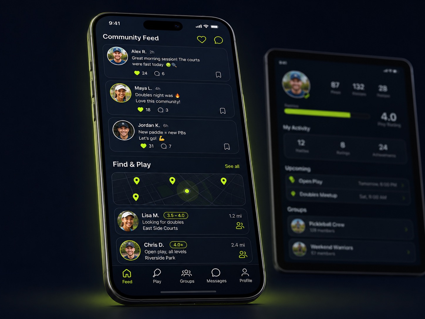 The PickleBoard Community feed and Find & Play finder on a phone
