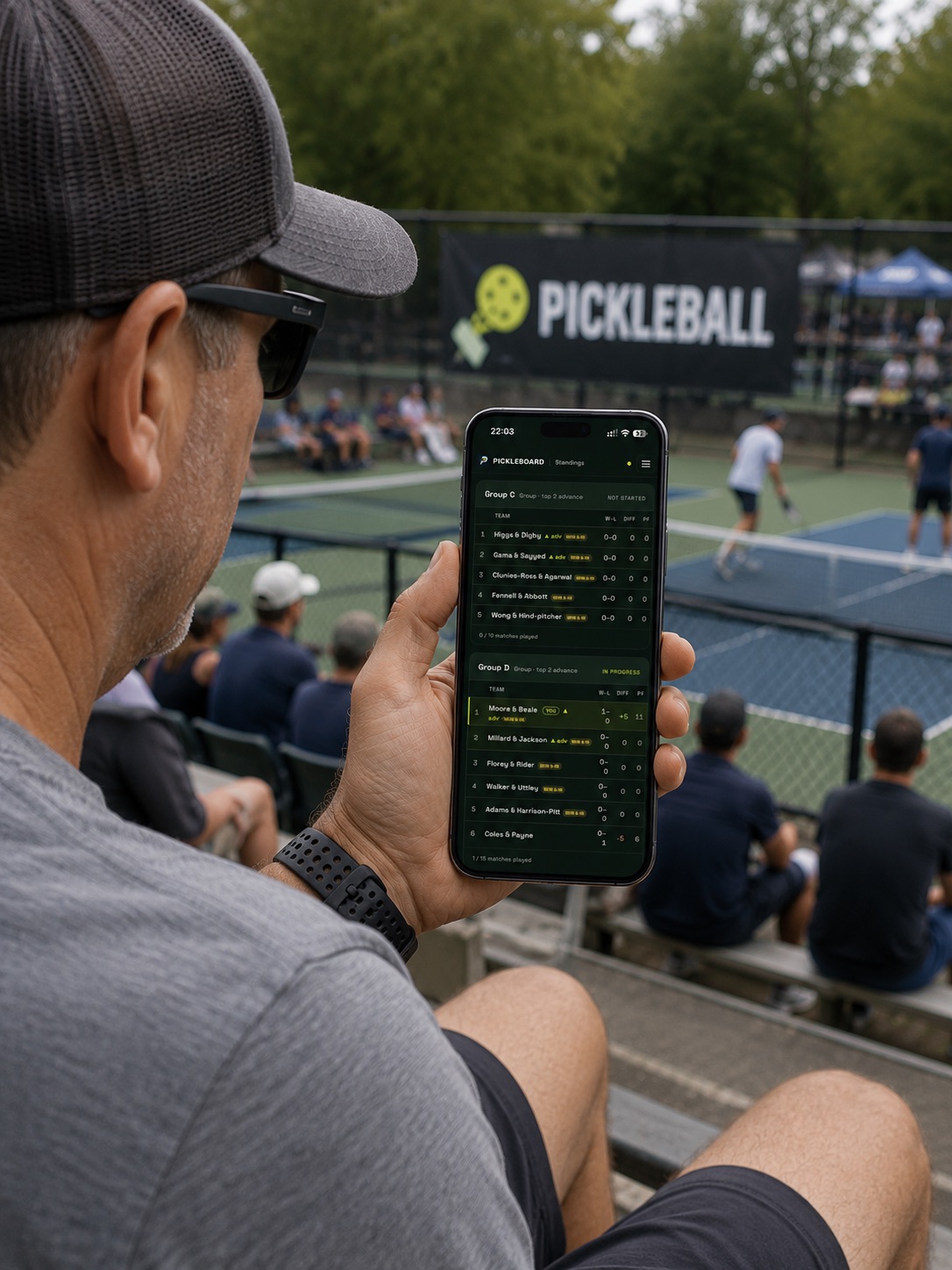 Phone or tablet showing the public standings / leaderboard and a live-score card